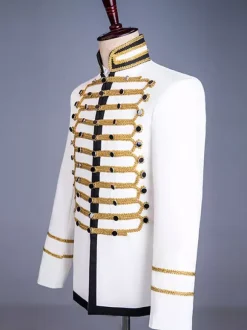 White Vintage Top Euro-Style Buttons Color Block Long Sleeves Polyester Overcoat Retro Costumes For Man
