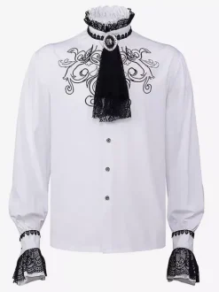 White Vintage Top Retro Lace Ruffles Floral Print Long Sleeves Polyester Polyester Fiber Shirt Retro Costumes For Man
