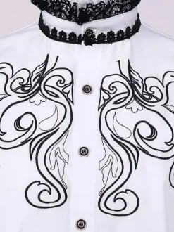 White Vintage Top Retro Lace Ruffles Floral Print Long Sleeves Polyester Polyester Fiber Shirt Retro Costumes For Man