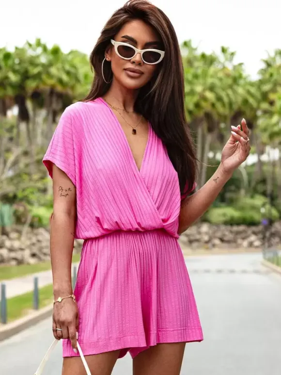 White V-Neck Short Sleeves Pleated Polyester Wide Summer One Piece Outfit