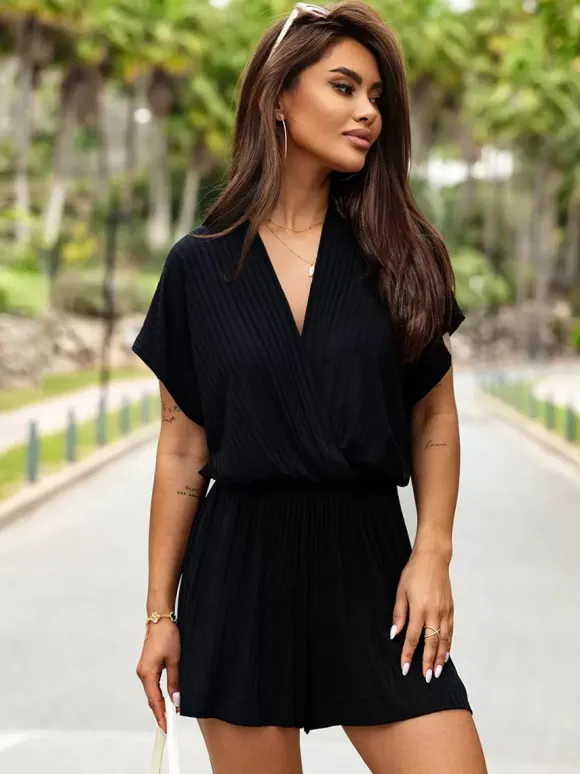 White V-Neck Short Sleeves Pleated Polyester Wide Summer One Piece Outfit