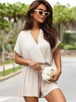 White V-Neck Short Sleeves Pleated Polyester Wide Summer One Piece Outfit
