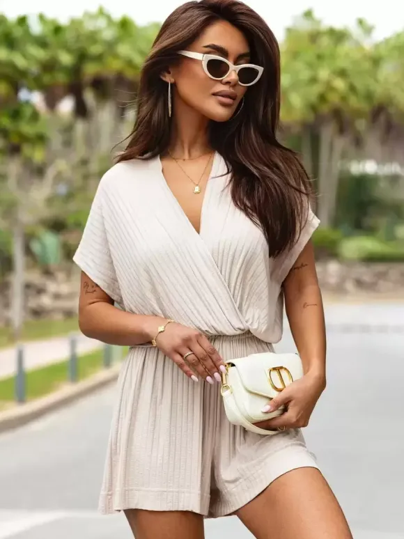 White V-Neck Short Sleeves Pleated Polyester Wide Summer One Piece Outfit