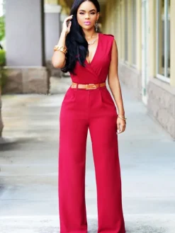 White V-Neck Sleeveless Sash Off-The-Shoulder Lycra Spandex Jumpsuits For Women