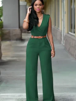 White V-Neck Sleeveless Sash Off-The-Shoulder Lycra Spandex Jumpsuits For Women