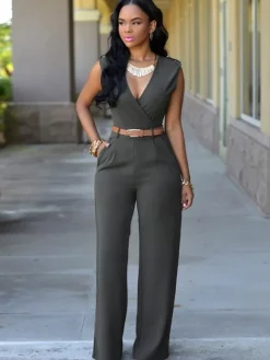 White V-Neck Sleeveless Sash Off-The-Shoulder Lycra Spandex Jumpsuits For Women