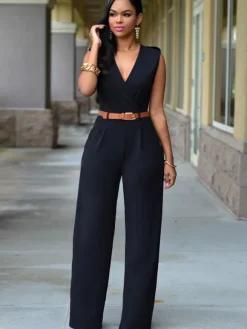 White V-Neck Sleeveless Sash Off-The-Shoulder Lycra Spandex Jumpsuits For Women