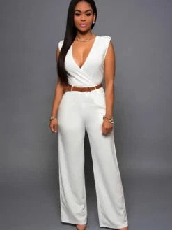 White V-Neck Sleeveless Sash Off-The-Shoulder Lycra Spandex Jumpsuits For Women