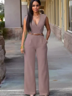 White V-Neck Sleeveless Sash Off-The-Shoulder Lycra Spandex Jumpsuits For Women