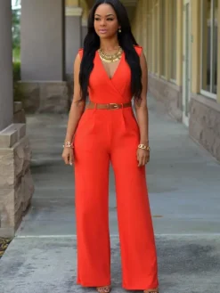 White V-Neck Sleeveless Sash Off-The-Shoulder Lycra Spandex Jumpsuits For Women