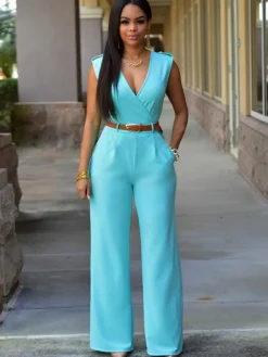 White V-Neck Sleeveless Sash Off-The-Shoulder Lycra Spandex Jumpsuits For Women