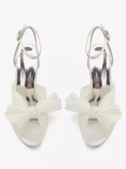 White Wedding Shoes Platform Open Toe Bow Chunky Heel Bridal Shoes