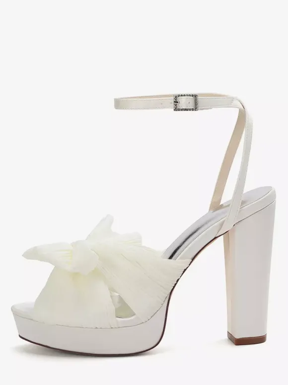 White Wedding Shoes Platform Open Toe Bow Chunky Heel Bridal Shoes