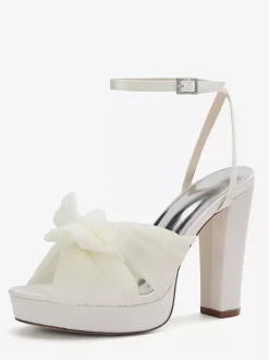 White Wedding Shoes Platform Open Toe Bow Chunky Heel Bridal Shoes