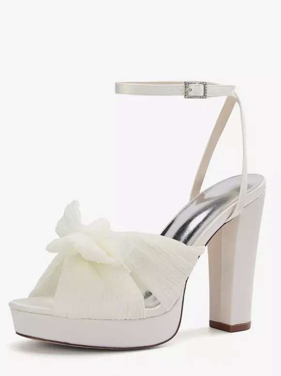White Wedding Shoes Platform Open Toe Bow Chunky Heel Bridal Shoes