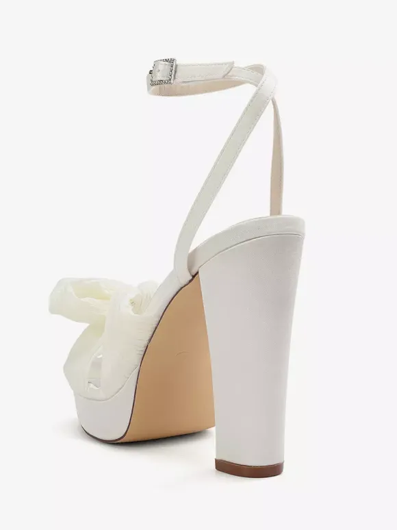 White Wedding Shoes Platform Open Toe Bow Chunky Heel Bridal Shoes