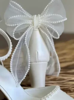 White Wedding Shoes Pointed Toe Bow Pearls Chunky Heel Bridal Shoes