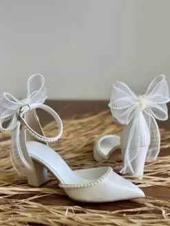 White Wedding Shoes Pointed Toe Bow Pearls Chunky Heel Bridal Shoes