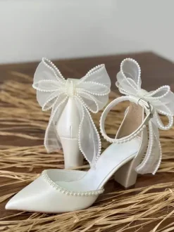 White Wedding Shoes Pointed Toe Bow Pearls Chunky Heel Bridal Shoes
