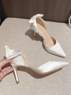White Wedding Shoes Pointed Toe Bow Detail High Heel Pumps