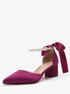 White Wedding Shoes Satin Pointed Toe Pearls Bow Bridal Pumps