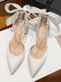White Wedding Shoes Satin Pointed Toe Pearls Bow Bridal Pumps