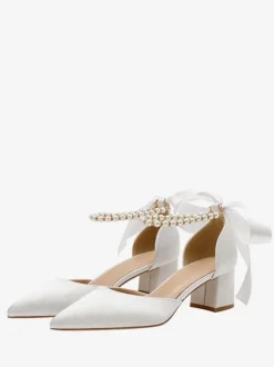 White Wedding Shoes Satin Pointed Toe Pearls Bow Bridal Pumps