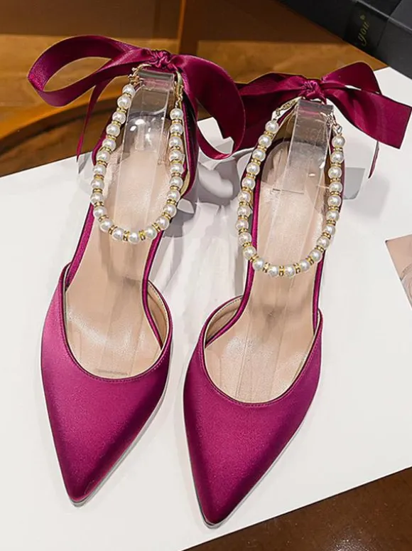 White Wedding Shoes Satin Pointed Toe Pearls Bow Bridal Pumps