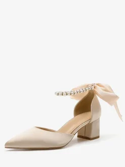 White Wedding Shoes Satin Pointed Toe Pearls Bow Bridal Pumps