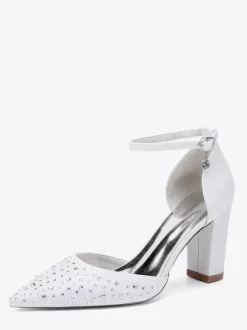 White Wedding Shoes Satin Rhinestones Pointed Toe Chunky Heel Pumps