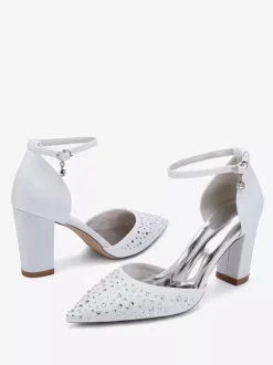 White Wedding Shoes Satin Rhinestones Pointed Toe Chunky Heel Pumps