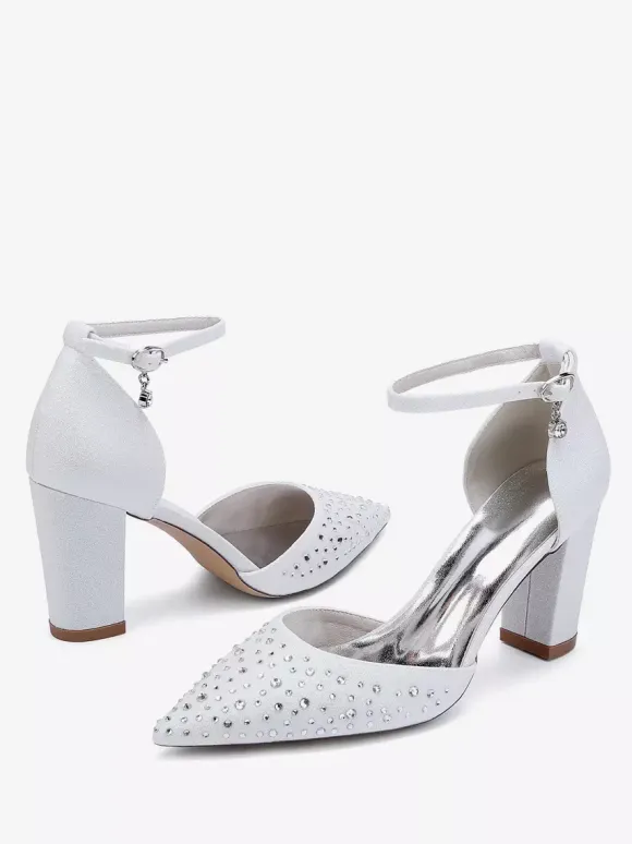 White Wedding Shoes Satin Rhinestones Pointed Toe Chunky Heel Pumps