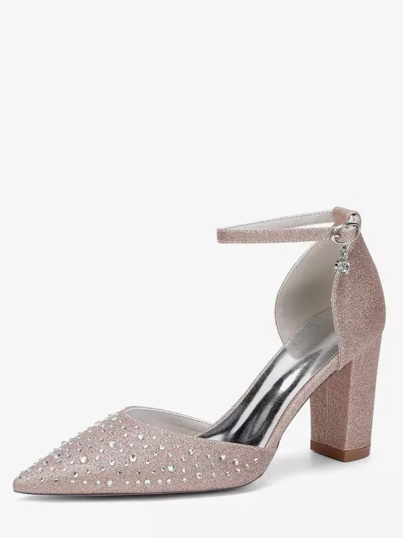 White Wedding Shoes Satin Rhinestones Pointed Toe Chunky Heel Pumps