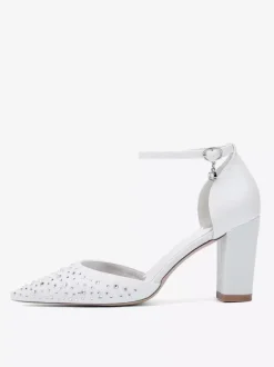 White Wedding Shoes Satin Rhinestones Pointed Toe Chunky Heel Pumps