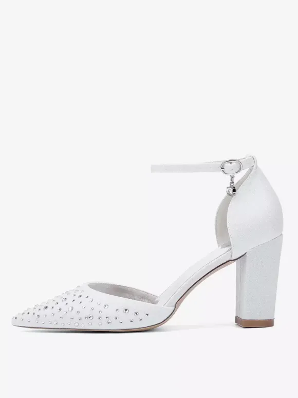 White Wedding Shoes Satin Rhinestones Pointed Toe Chunky Heel Pumps