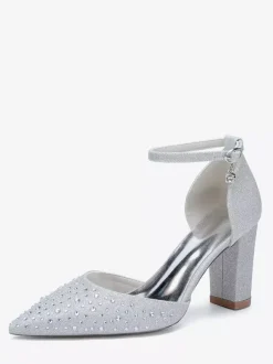 White Wedding Shoes Satin Rhinestones Pointed Toe Chunky Heel Pumps