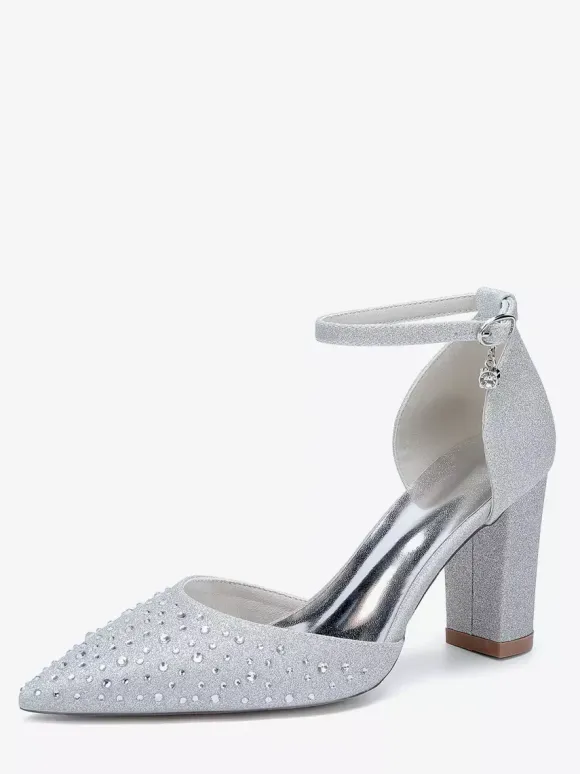 White Wedding Shoes Satin Rhinestones Pointed Toe Chunky Heel Pumps