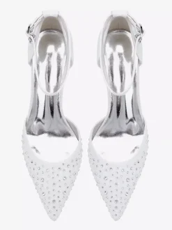White Wedding Shoes Satin Rhinestones Pointed Toe Chunky Heel Pumps