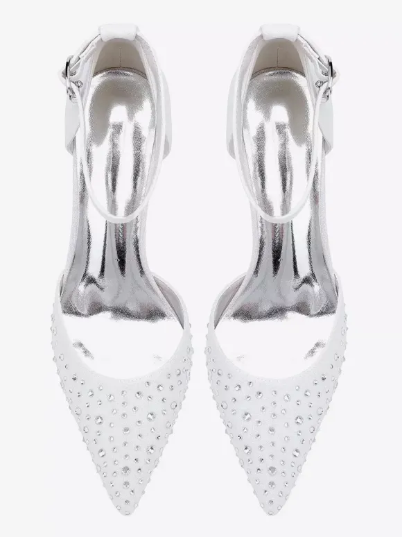White Wedding Shoes Satin Rhinestones Pointed Toe Chunky Heel Pumps