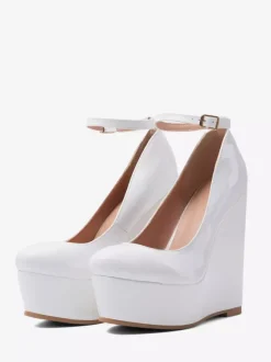 White Wedge Shoes Platform Round Toe Slip On Ankle Strap Wedge Heels