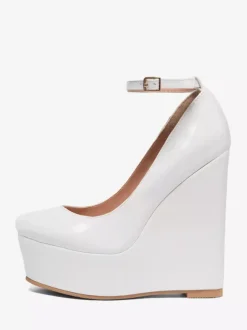 White Wedge Shoes Platform Round Toe Slip On Ankle Strap Wedge Heels
