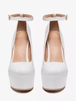 White Wedge Shoes Platform Round Toe Slip On Ankle Strap Wedge Heels