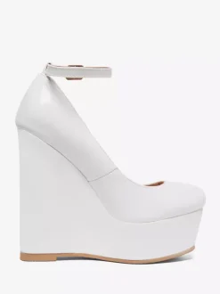 White Wedge Shoes Platform Round Toe Slip On Ankle Strap Wedge Heels