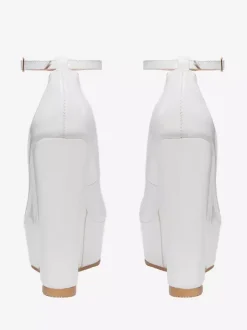 White Wedge Shoes Platform Round Toe Slip On Ankle Strap Wedge Heels