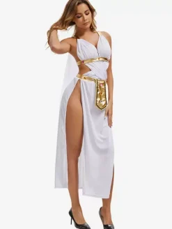 White Women Sexy Backless Headwear Dress Polyester Set Holidays Costumes