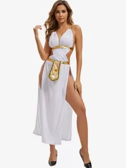 White Women Sexy Backless Headwear Dress Polyester Set Holidays Costumes