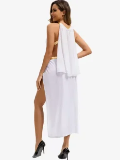 White Women Sexy Backless Headwear Dress Polyester Set Holidays Costumes