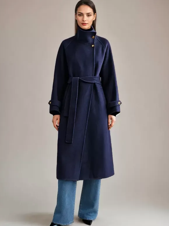 White Wool Cashmere Blend Coat Stand Collar Double-Faced Belted Winter Outerwear For Women 2026