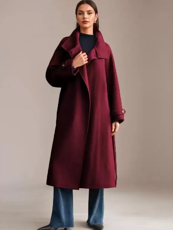 White Wool Cashmere Blend Coat Stand Collar Double-Faced Belted Winter Outerwear For Women 2026