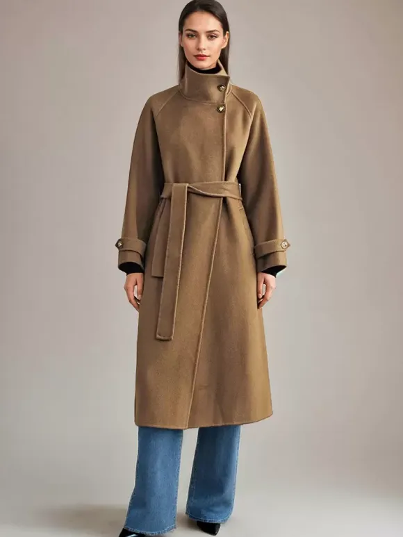 White Wool Cashmere Blend Coat Stand Collar Double-Faced Belted Winter Outerwear For Women 2026